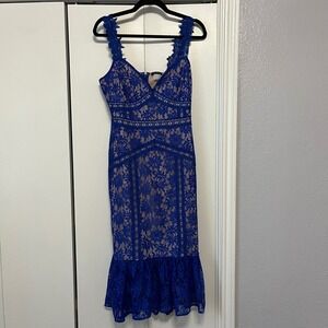 Venus Royal Blue Floral‎ Lace Trumpet Hem Midi Dress - Party Cocktail Evening